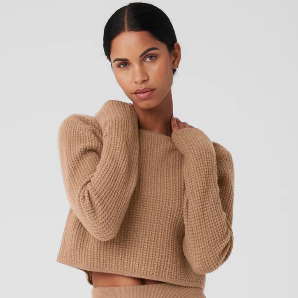 ALO Yoga Camel Waffle-Knit Cropped Top & High-Rise Leggings